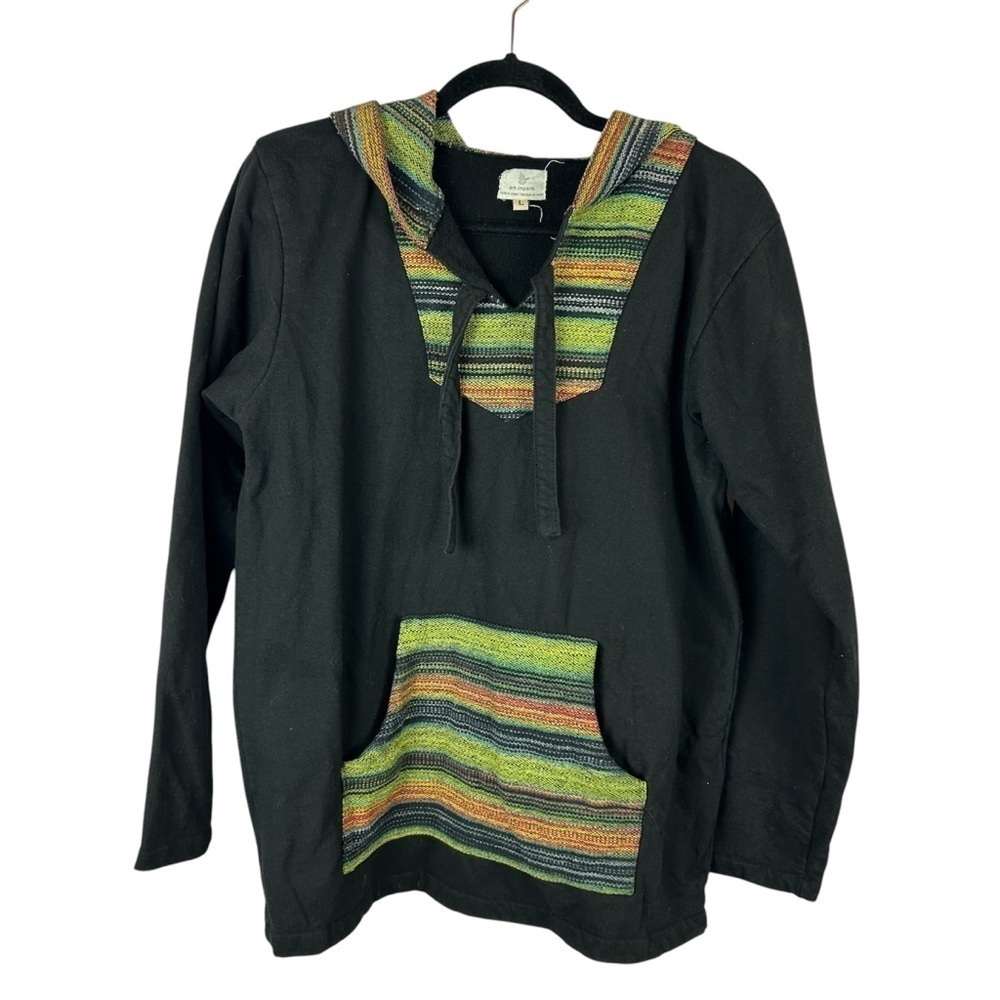 Ark Imports Boho Nepal Baja Hooded Poncho Sweatshirt Large Black